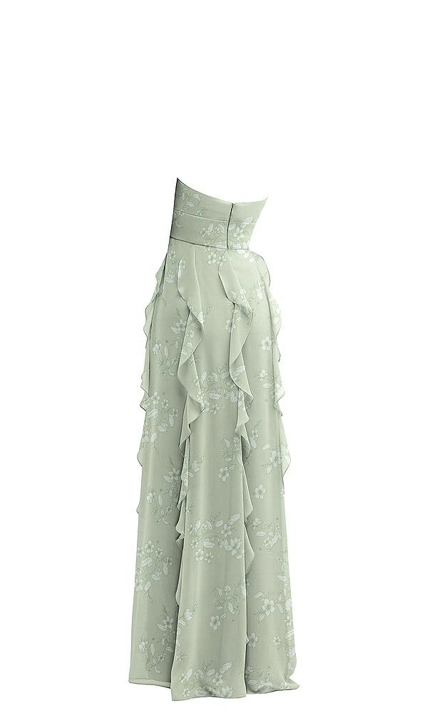 Back View - Vintage Primrose Sage Strapless Vertical Ruffle Chiffon Maxi Dress with Flower Detail