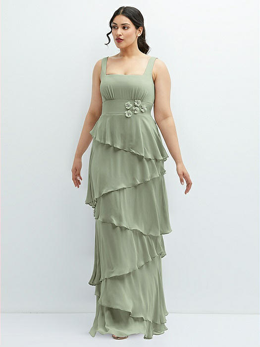 Asymmetrical Tiered Ruffle Chiffon Maxi Dress with Handworked Flowers Detail