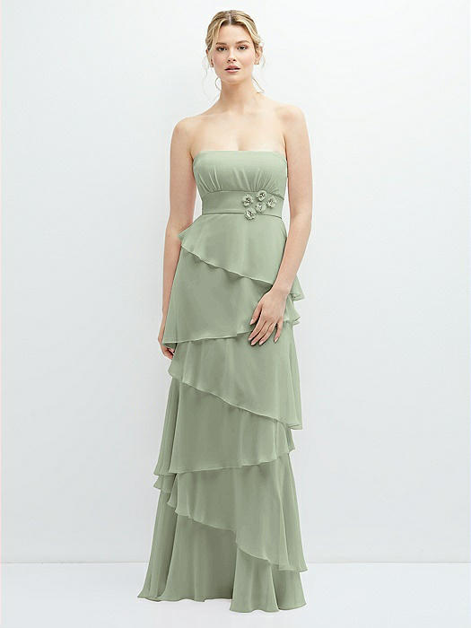 Strapless Asymmetrical Tiered Ruffle Chiffon Maxi Dress with Handworked Flower Detail