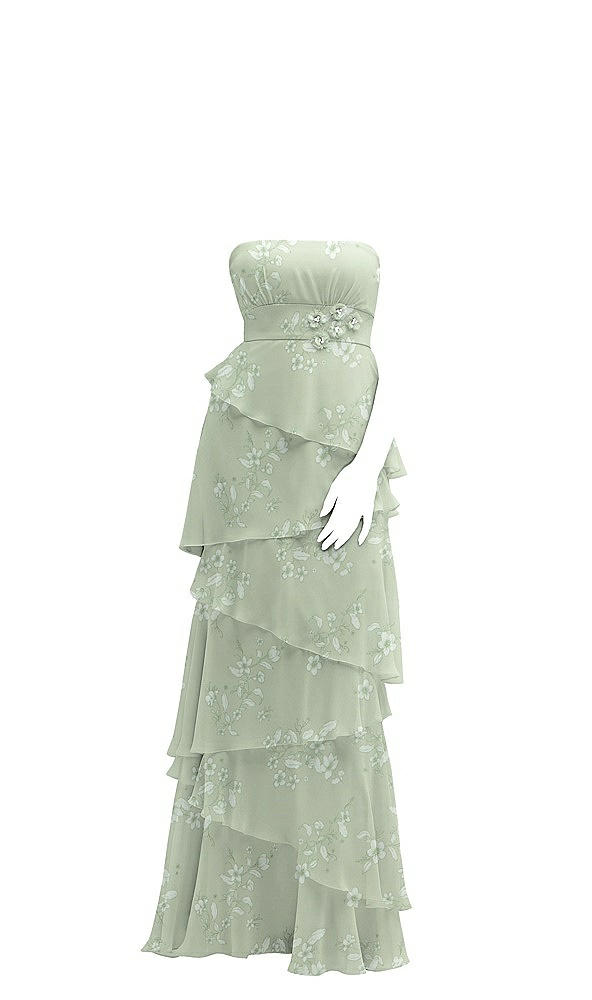 Front View - Vintage Primrose Sage Strapless Asymmetrical Tiered Ruffle Chiffon Maxi Dress with Handworked Flower Detail