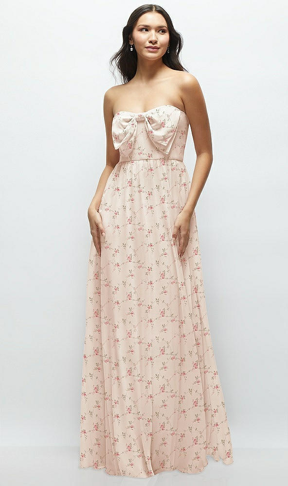 Front View - Coquette Floral Print Strapless Chiffon Maxi Dress with Oversized Bow Bodice