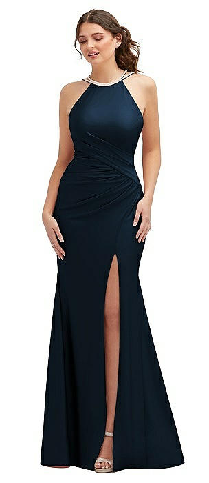 Halter Asymmetrical Draped Stretch Satin Mermaid Dress with Rhinestone Straps