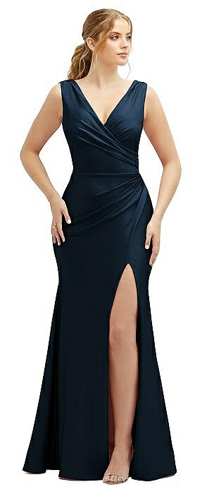 Draped Wrap Stretch Satin Mermaid Dress with Horsehair Hem