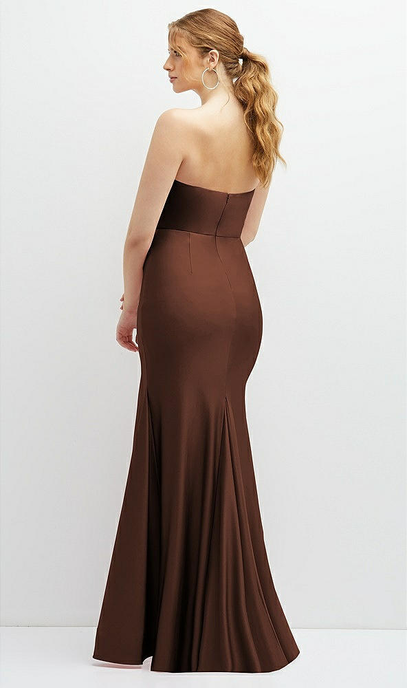 Back View - Cognac Strapless Basque-Neck Draped Stretch Satin Mermaid Dress with Horsehair Hem