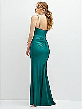 Rear View Thumbnail - Peacock Teal Rhinestone Strap Stretch Satin Maxi Dress with Vertical Cascade Ruffle