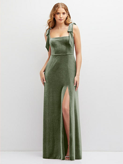 Square Neck Velvet Maxi Dress with Bow Shoulders