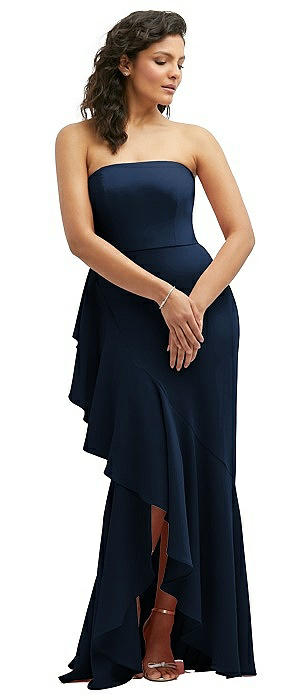 Strapless Crepe Maxi Dress with Ruffle Edge Bias Wrap Skirt