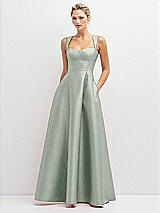 Front View Thumbnail - Willow Green Lace-Up Back Bustier Satin Dress with Full Skirt and Pockets