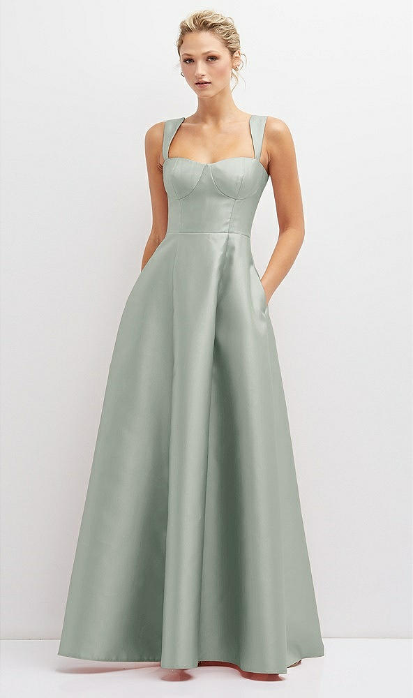 Front View - Willow Green Lace-Up Back Bustier Satin Dress with Full Skirt and Pockets