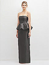 Front View Thumbnail - Caviar Gray Strapless Satin Maxi Dress with Cascade Ruffle Peplum Detail