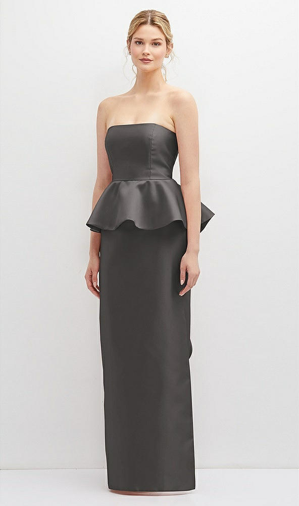 Front View - Caviar Gray Strapless Satin Maxi Dress with Cascade Ruffle Peplum Detail