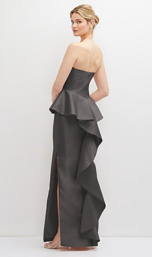 Back View - Caviar Gray Strapless Satin Maxi Dress with Cascade Ruffle Peplum Detail