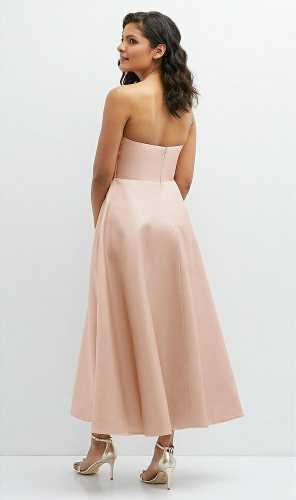 Back View - Cameo Draped Bodice Strapless Satin Midi Dress with Full Circle Skirt