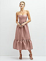 Front View Thumbnail - Neu Nude Strapless Satin Midi Corset Dress with Lace-Up Back & Ruffle Hem