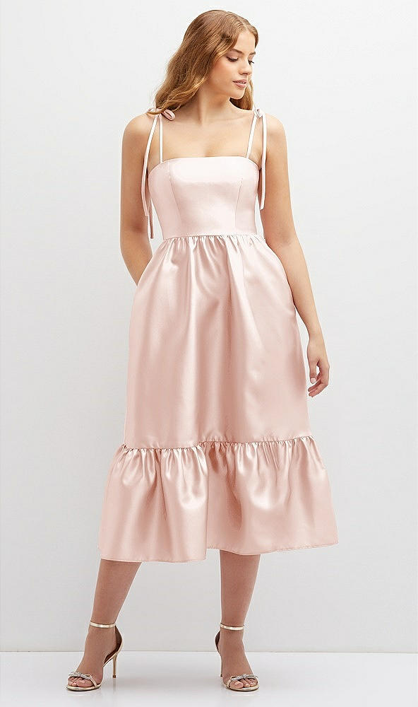 Front View - Blush Shirred Ruffle Hem Midi Dress with Self-Tie Spaghetti Straps and Pockets