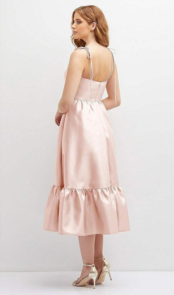 Back View - Blush Shirred Ruffle Hem Midi Dress with Self-Tie Spaghetti Straps and Pockets