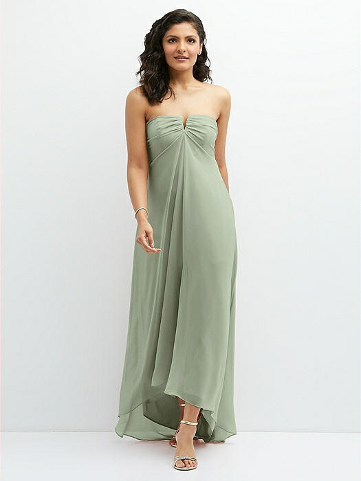 Strapless Draped Notch Neck Chiffon High-Low Dress