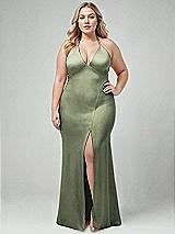 Alt View 1 Thumbnail - Sage Plunge Halter Open-Back Maxi Bias Dress with Low Tie Back