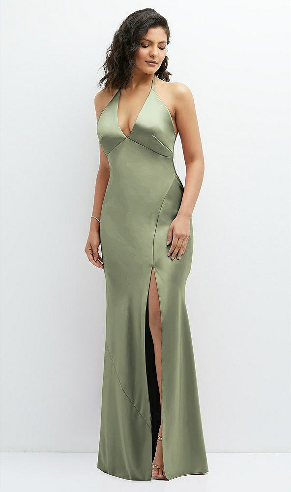 Front View - Sage Plunge Halter Open-Back Maxi Bias Dress with Low Tie Back