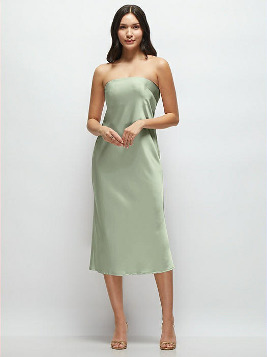 Strapless Midi Bias Column Dress with Peek-a-Boo Corset Back