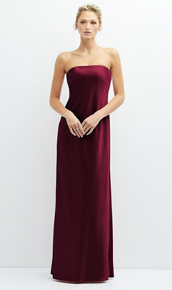 Front View - Cabernet Strapless Maxi Bias Column Dress with Peek-a-Boo Corset Back