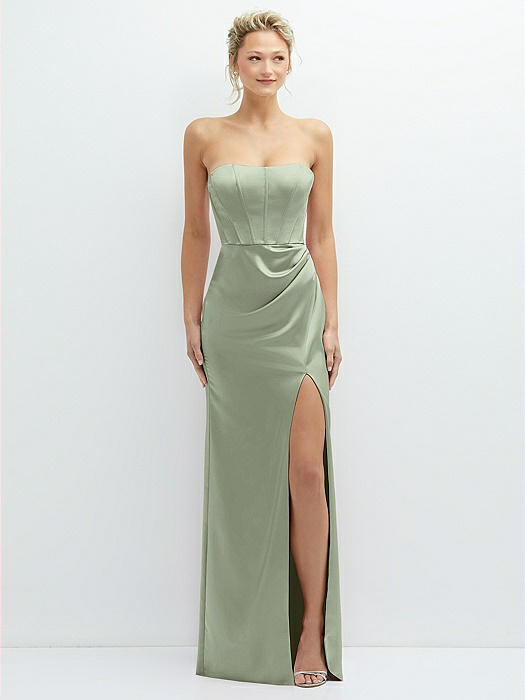 Strapless Topstitched Corset Satin Maxi Dress with Draped Column Skirt