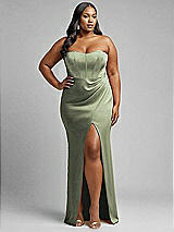 Alt View 1 Thumbnail - Sage Strapless Topstitched Corset Satin Maxi Dress with Draped Column Skirt