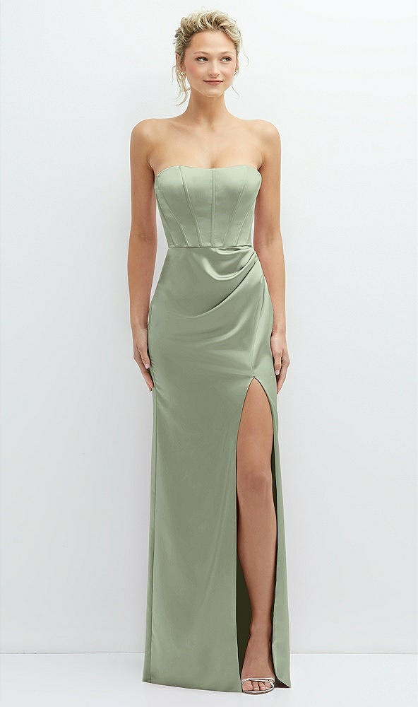 Front View - Sage Strapless Topstitched Corset Satin Maxi Dress with Draped Column Skirt