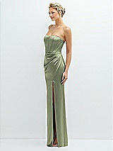 Side View Thumbnail - Sage Strapless Topstitched Corset Satin Maxi Dress with Draped Column Skirt