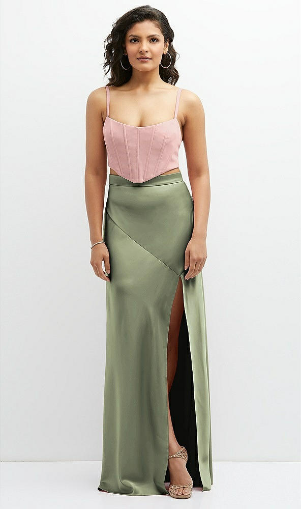 Front View - Sage Satin Mix-and-Match High Waist Seamed Bias Skirt