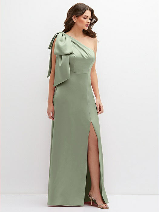 One-Shoulder Satin Maxi Dress with Chic Oversized Shoulder Bow