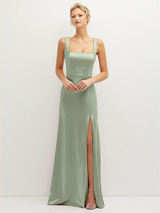 Square-Neck Satin A-line Maxi Dress with Front Slit