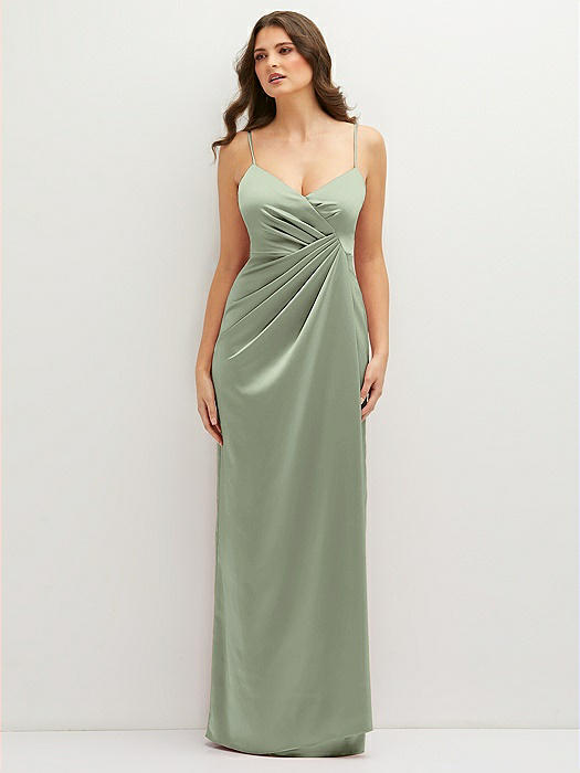 Asymmetrical Draped Pleat Wrap Satin Maxi Dress