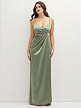 Front View Thumbnail - Sage Asymmetrical Draped Pleat Wrap Satin Maxi Dress