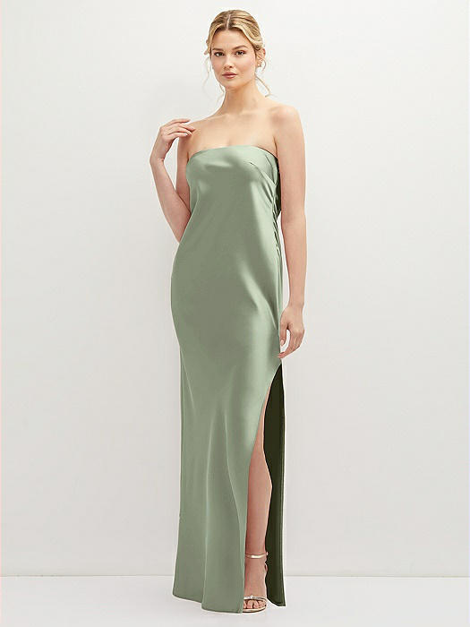 Strapless Pull-On Satin Column Dress with Side Seam Slit