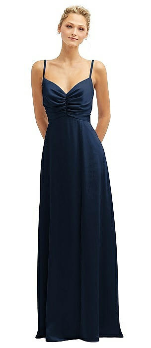 Vertical Ruched Bodice Satin Maxi Dress with Full Skirt