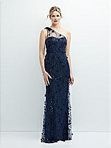 Front View Thumbnail - Midnight Navy One-Shoulder Fit and Flare 3D Floral Embroidered Dress