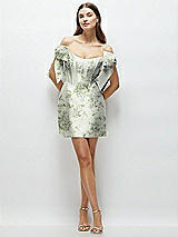 Front View Thumbnail - Cottage Rose Sage Floral Satin Off-the-Shoulder Bow Corset Fit and Flare Mini Dress