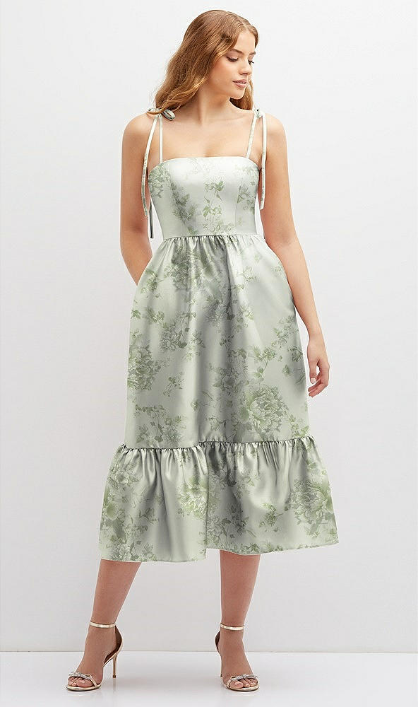 Front View - Cottage Rose Sage Floral Shirred Ruffle Hem Midi Dress with Self-Tie Spaghetti Straps and Pockets