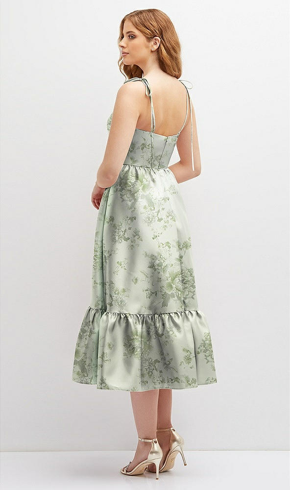 Back View - Cottage Rose Sage Floral Shirred Ruffle Hem Midi Dress with Self-Tie Spaghetti Straps and Pockets