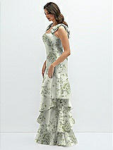 Side View Thumbnail - Cottage Rose Sage Floral Bow-Shoulder Satin Maxi Dress with Asymmetrical Tiered Skirt