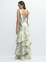 Rear View Thumbnail - Cottage Rose Sage Floral Bow-Shoulder Satin Maxi Dress with Asymmetrical Tiered Skirt