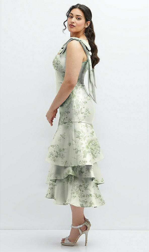 Front View - Cottage Rose Sage Floral Bow-Shoulder Satin Midi Dress with Asymmetrical Tiered Skirt