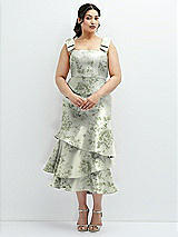 Side View Thumbnail - Cottage Rose Sage Floral Bow-Shoulder Satin Midi Dress with Asymmetrical Tiered Skirt