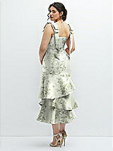 Rear View Thumbnail - Cottage Rose Sage Floral Bow-Shoulder Satin Midi Dress with Asymmetrical Tiered Skirt