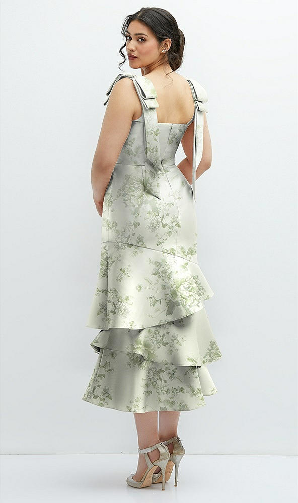 Back View - Cottage Rose Sage Floral Bow-Shoulder Satin Midi Dress with Asymmetrical Tiered Skirt