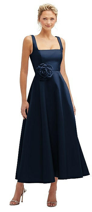 Square Neck Satin Midi Dress with Full Skirt & Flower Sash