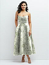 Front View Thumbnail - Cottage Rose Sage Draped Bodice Strapless Floral Midi Dress with Full Circle Skirt