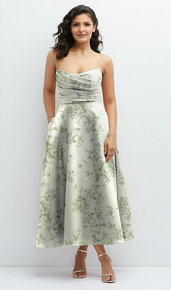 Front View - Cottage Rose Sage Draped Bodice Strapless Floral Midi Dress with Full Circle Skirt