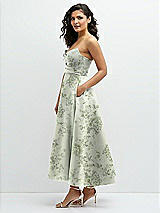 Side View Thumbnail - Cottage Rose Sage Draped Bodice Strapless Floral Midi Dress with Full Circle Skirt